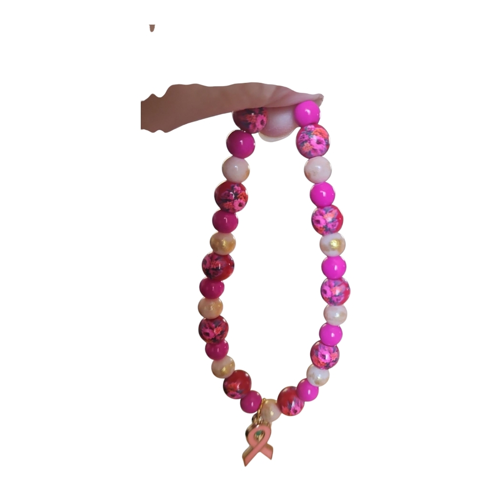 Pink and Gold Beaded Bracelet With Pink Ribbon. 2001